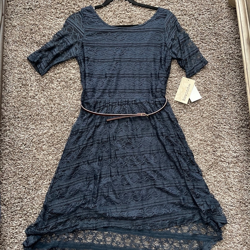 Navy Blue high low lace semi formal dress